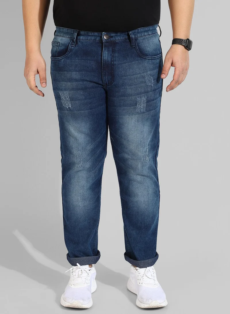 انستافاب بلس Men’s Classic Blue Medium-Washed Distressed Patterned Regular Fit Denim Jeans | Premium Stretchable Cotton Mid-Rise Crafted With Comfort Fit and High Performance For Everyday Wear